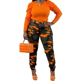 OLAMIOSO Cargo Pants for Women Streetwear, Camo Cargo Pants for Women, Women Camouflage Pants with Pockets, Women Camo Cargo Pants High Waist Camouflage, Army Green Cargo Pants (Camo Orange, XL)