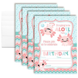 Amanda Creation Axolotl Birthday Party Invitations, 8 Pack 5x7 Fill-In Cards with Eight White Envelopes Double Sided Exotic Avolotl Invites Birthday Supplies