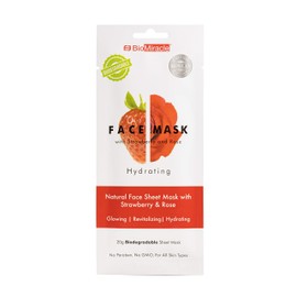 BioMiracle Hydrating, Natural Face Mask Sheet, with Strawberry and Rose, for Glowing, Revitalized, Moisturized Skin, Spa Treatment Mask (Pack of 5)