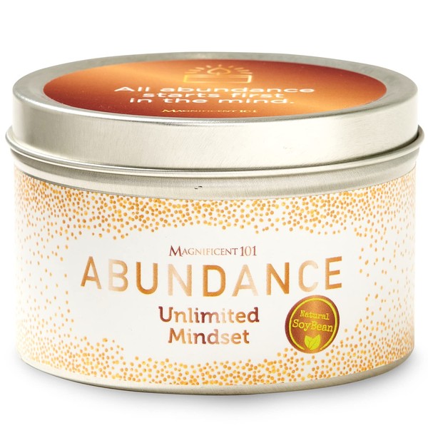 Magnificent 101 Abundance Aromatherapy Candle in 6-oz. Tin Holder: 100% Natural Soy Wax With Lemon, Rosemary & Sandalwood Essential Oils for Meditation, Intention Setting, Energy Cleansing; Great Gift