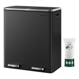 SONGMICS Trash Can, 2 x 8 Gallon (2 x 30 L) Garbage Can for Kitchen, with 15 Trash Bags, 2 Compartments, Plastic Inner Buckets and Hinged Lids, Airtight, Black ULTB60BK