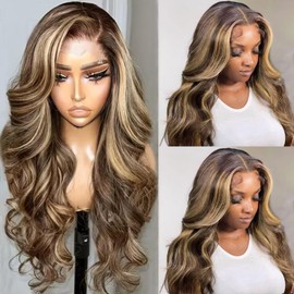 Munx Ombre Lace Front Wig Human Hair Body Wave Skinlike Real HD Lace Front Wigs Bleached Knots Pre Plucked P4/27 Highlight Human Hair 13x4 Frontal Wigs for Women 22Inch