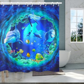 HEYOMART Shower Curtain Heavy Duty Polyester Fabric Waterproof Shower Curtain Liner, 3D Digital Painting Pattern for Shower Stall, Bathroom Curtains with 12 PCS Hooks (180x200cm, Dolphins-G)