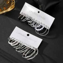 Set 12 Pares Aretes Geométricos Mujer Plateado