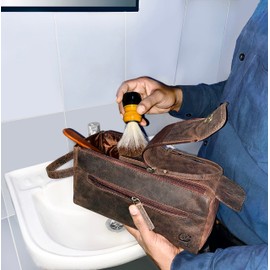 Leather Wash Bag for Men - Handcrafted Toiletry Bag for All Your Travel Toiletries (Dark Brown)