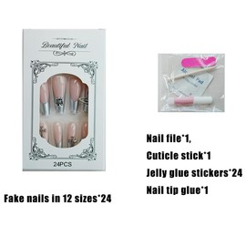 CJTTDACE Silver French Press on Nails, Medium Square French Fake Nails, Holographic Acrylic Press on Tip Nails, Nails Kits with Nails Glue 24 Pcs