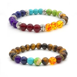 Agate Beads 7 Chakra Energy Stone Bracelet Yoga Healing Balance Stone Bracelet Elastic Stone Bangle, Stone, Tiger's Eye