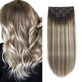XDhair Balayage Clip-In Real Hair Extensions 45 cm 120 g Real Hair Balayage Walnut Brown to Ash Brown and Light Blonde Extensions Real Hair Clip Remy Straight Human Hair (#3/8/22-18 Inches)