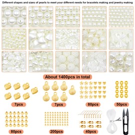 1400 Pieces White Beads for Threading Adult Bracelets Make Your Own Set 3/4/6/8/10/12 mm, Golden Beads, Spacer Beads Set for DIY Necklaces, Bracelets, Jewellery Crafts
