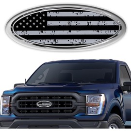 Ford F-Series American Flag Emblem, 9 Inch Front Adhesive Grille & Tailgate Badge, Aluminum Overlay (Gray)