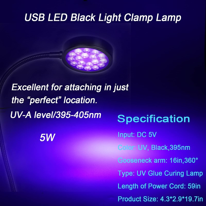 UV LED Black Light Clamp Light with USB, Upgraded 5W