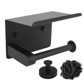 Toilet Paper Holder, Single Hook & Loofah Bath Sponge Set | Durable Rustproof Waterproof Scratch-Resistant Self-Adhesive or Screw Mounting Paper Towel Holder/Bathroom Organizer (Black)