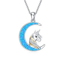 KZX Moon Unicorn Necklace 925 Sterling Silver Unicorn Pendant with Blue Opal Cute Unicorn Jewellery Gift for Women (Chain 18 + 2 Inches), Sterling Silver, Opal