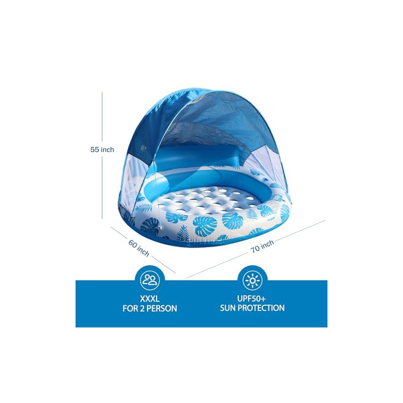 COOLCOOLDEE Inflatable Pool Float with Canopy,2 Person Floating Island,Extra Large