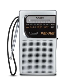 Coby Portable AM/FM Radio, Retro Pocket Radio for Indoor or Outdoor Use, Emergency-Preparedness Essential, 800-Hour Battery, Powerful Speakers, Integrated Antenna, Silver