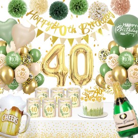 Decoration 40th Birthday Woman, WINAROI 40th Birthday Women Green Gold Birthday with Lantern Table Decoration, Happy Birthday Banner, Tablecloth, Pompoms for 40th Birthday Women Decoration