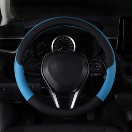 Follicomfy Auto Car Genuine Leather Steering Wheel Cover Anti Slip Wrap 15" (Blue)