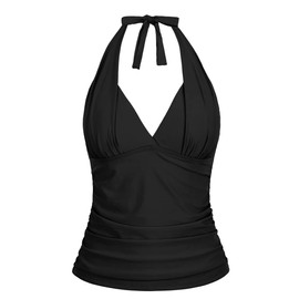Hilor Women's Plunging V Neck Halter Swim Tops Shirred Tankini Top New Version Black 10