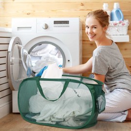 Bemkoo Sturdy Mesh Pop Up Laundry Hamper, Collapsible Laundry Baskets with Side Pocket, Foldable Clothes Hamper with Reinforced Carry Handles for Laundry, Bathroom, Kids Room, Dorm or Travel Emerald