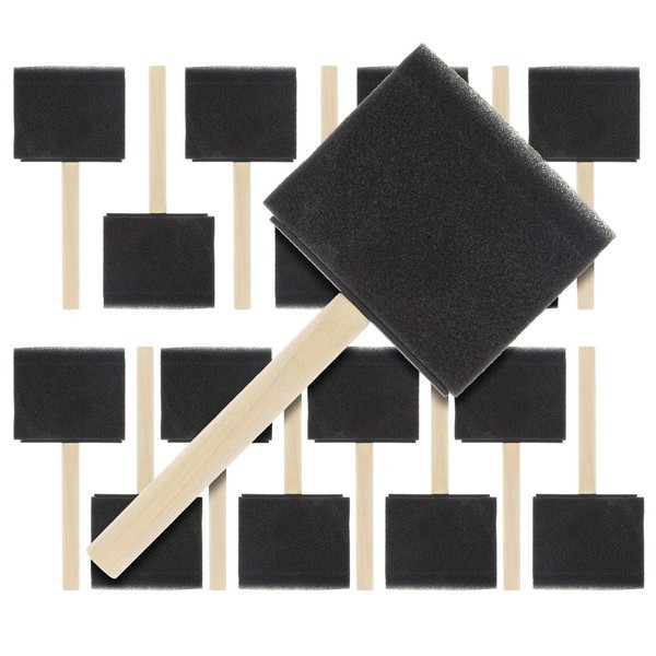 US Art Supply 3 inch Foam Sponge Wood Handle Paint Brush Set (Value Pack of 15) - Lightweight, durable and great for Acrylics, Stains, Varnishes, Crafts, Art