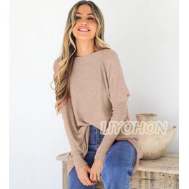 LIYOHON Oversized T Shirts for Women Tunic Tops to Wear with Leggings Long Sleeve Fall Sweaters Dressy Tops Oatmeal-M
