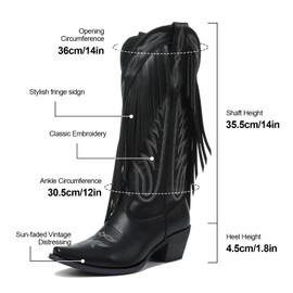 Grakihily Cowboy Boots for Women Retro Pointed Toe Pull On Block Chunky Heel Embroide Tassel Country Concert Outfits Calf Western Cowgirl Boots,BlackPU Size 7.5