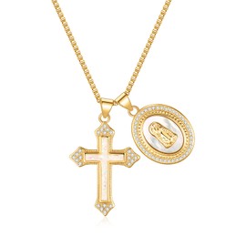 14k Gold Plated Cross & Shell Inlaid Miraculous Medal Pendant Necklace for Women,Catholic Religious Jewelry Gifts for Baptism,First Communion,Confirmation