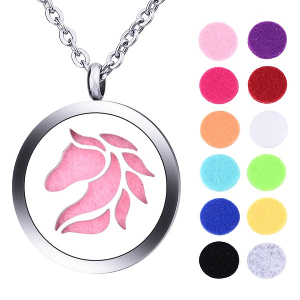Valyria Hollow Horse Essential Oils Aromatherapy Diffuser Locket Necklace with 24" Chain 11 Refill Pads