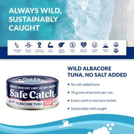 Safe Catch Canned Lowest Mercury Limit Albacore Tuna Fish No Salt Added, Wild Caught, Gluten-Free, Kosher, Whole30 Approved, Keto, 5oz Can, 12-Pack