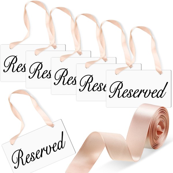 Blulu 6 Pieces Reserved Signs for Wedding Wood Chair Reserved Signs White Hanging Seating Signs Wedding Chair Handmade Signage with 1 Roll Light Coffee Color Ribbon for Wedding and Restaurant