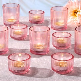 NITIME 10pcs Ribbed Pink Votive & Tea Light Candle Holders, Assorted Glass Candle Holder for Table Centerpiece, Wedding, Baby Shower, Home and Party Decorations