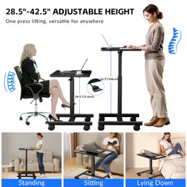 GallopFun Mobile Laptop Standing Desk Adjustable Height, Small Mobile Desk Workstation with Wheels, Portable Rolling Computer Desk Cart for Home Office Classroom (Black)