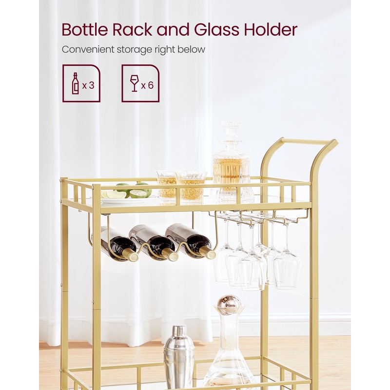 VASAGLE Bar Cart Gold, Home Bar Serving Cart, Wine Cart