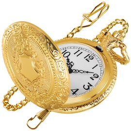 Realpoo Gold Shield Men's Pocket Watch, Arabic Numeral Digital Scale Men's Quartz Pocket Watch, Quartz Pocket Watches with Chain-Gold
