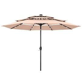 HERA'S PALACE 10ft 3-Tier Solar Patio Umbrella with Ventilation, Outdoor Patio Table Umbrella for Backyard, Garden, Poolside with 24 LED Lights, Tilt Adjustment, Easy Crank, 8 Ribs - Beige