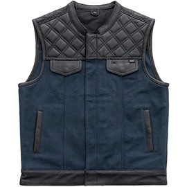 OUTFITIX Mens Western Denim Leather Motorcycle Combo Club Collar Vest with White Stitching Light Weight (Medium, Black/Blue)