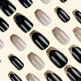 Gold French Tip Press on Nails Medium Coffin Fake Nails Gold Glitter Acrylic Nails Press ons with Black White Design Glue on Nails Glossy False Nails Full Cover Stick on Nails for Women Girls 24Pcs