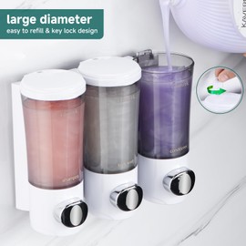 Shower Soap Dispenser Wall Mounted Shampoo Conditioner Body Wash Dispenser No Drill Shower Dispenser 3 Chamber with Upgrade Pump Head Bathroom Soap Dispenser Set 450ml/Each Bottle White