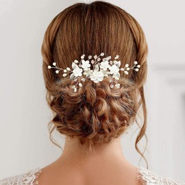 BETITETO Flower Bridal Hair Pieces with Comb Pearl Floral Rhinestone Silver Vine Leaf White Wedding Hair Pin Accessories for Women Girls