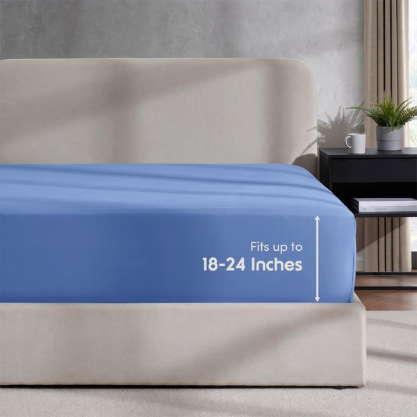 Nestl Calm Blue Twin Fitted Sheet Kids, Extra Deep Pocket