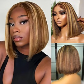 DonsiRol 14 inch Wear and Go Bob Wig Human Hair, 13 * 4 Hd Lace Front Wigs, Glueless Wigs Human Hair with Baby Hair, Pre Plucked Human Hair Wigs for Black Women, 180% Density Bob Wigs (#4/27)