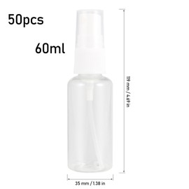 MOUYAT Transparente Sprühflaschen, 60 ml, Kunststoff, feiner Nebel, Sprühflaschen mit Trichtern und Etiketten, nachfüllbare Sprühflasche für ätherische Öle, Parfums, Blumenwasser, 50 Stück