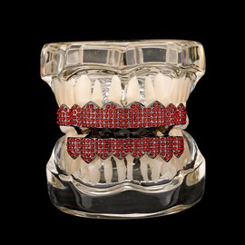 Rhinestone Teeth Grillz Pave CZ 6 Teeth Top Buttom for Women Men Unisex Crystal Red Green Black Cubic Zirconia Statement Tooth Fangs Cap Funny Grill Cosplay Party Prom Mouth Jewelry Gifts (Black Red)