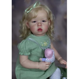 ​Ardol 28 Inch Realistic Reborn Baby Doll Golden Curls Mint Dress - Lifelike Newborn Toddler Girl Blond Hair Body Big Size Collectible Doll Nursery Decor Gift​​