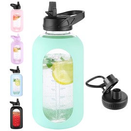 EALGRO 64 oz Glass Water Bottle With Straw and Handle, Half Gallon Sports Motivational Water Jug Flask with Silicone Sleeve, Large Water Cup with Time Marker for Travel, Gym, Seafoam