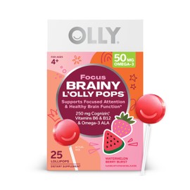 OLLY Focus Buddies L’OLLY Pops, Cognizin, Vitamins B6 and B12, Omega-3 ALA, Supports Focused Attention and Healthy Brain Function,* Kids 4+ Dietary Supplement, Watermelon Strawberry Flavored, 25 Count