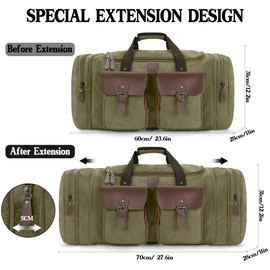 Densata Canvas Duffle Bag for Men 60L Travel Duffel Bags Expandable Genuine Leather Duffel Overnight Weekender Carry On Bag Two Zipper Pockets Travel Bag (Army Green, X Large-60L)