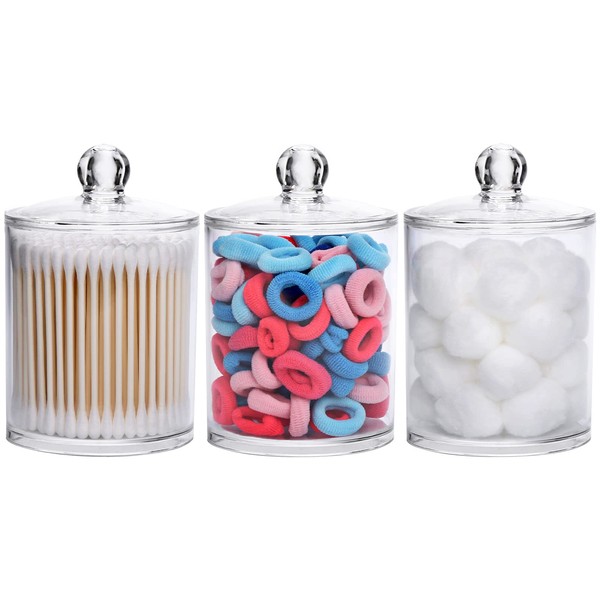 Tbestmax 3 Pack Cotton Swab Ball Pad Holder, 12 Oz Qtip Apothecary Jar Clear Makeup Organizer, Bathroom Containers Dispenser