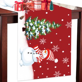 Christmas Table Runner 183 x 33 CM Red Linen Festive Table Runner for Xmas Table Centrepiece Kitchen Dining Table Decoration for Home Indoor/Outdoor Holiday Party Decor (Snowman Christmas Tree)