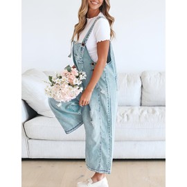 Sukany Women's Vintage Casual Denim Jean Overalls Loose Distressed Bib Dungarees Adjustable Baggy Harem Romper Jumpsuit Pants Light Blue M